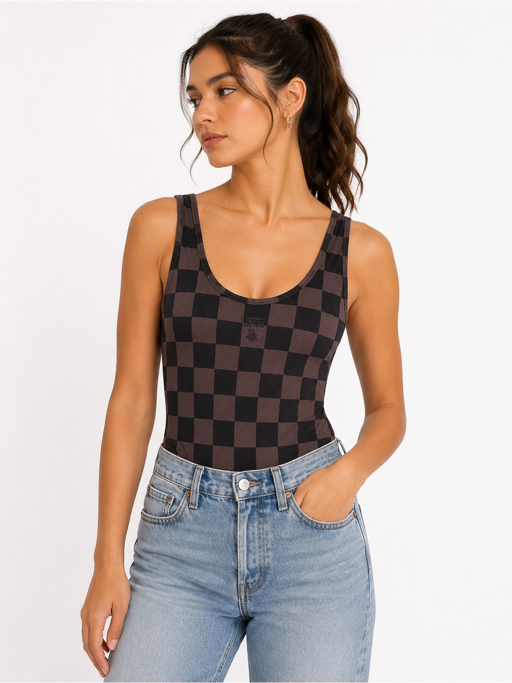 Vans Women’s Checkerboard Bodysuit Black & Brown Sleeveless Tank Top - size M/L